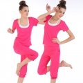 Korean fashion styles Yoga fitness sportswear 2sets(fake 2pcs Short sleeve T-shirt+ Cropped&Beam leg Pants)